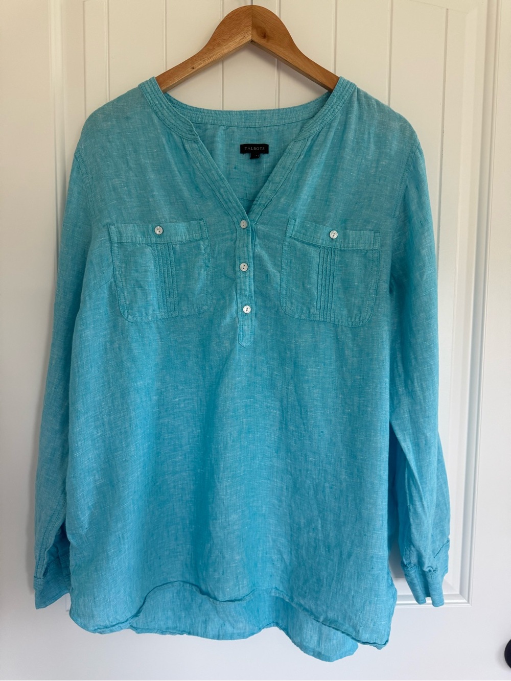 Talbots Blue Linen Pintuck Popover Blouse Top XL Cross Dyed V-Neck Camp Shirt